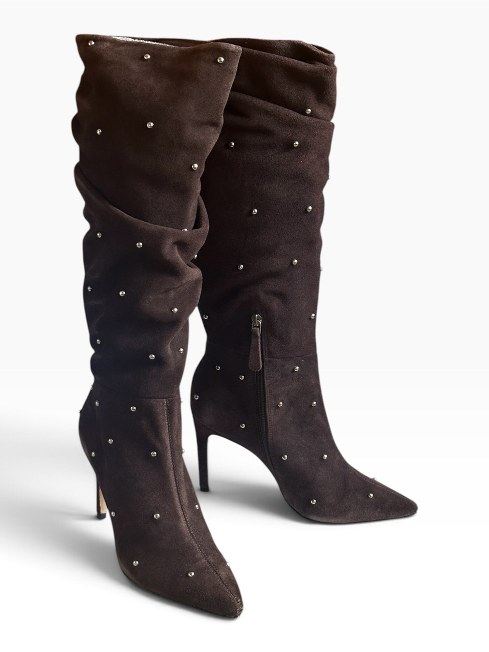 Anthropologie Studded Scrunch Tall Boots Brown Suede Leather US 6 6.5 EU 37